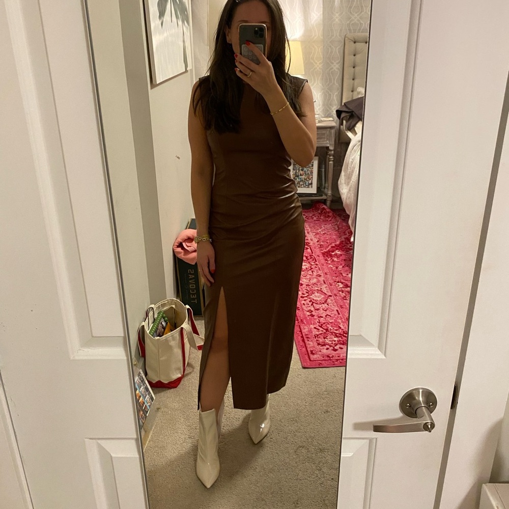 Zara Brown faux leather sleeveless slit maxi dress